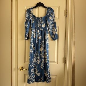 Reformation Blue and White Floral Long Sleeve Dress- silk